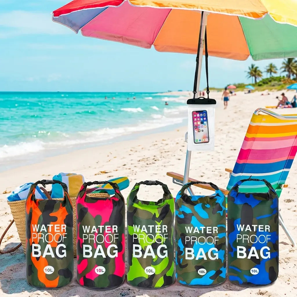10L Camouflage Floating Waterproof Dry Bag with Roll-Top Closure & Touchscreen Phone Case, Unisex Boating Accessory for Kayaking, Adult-Fit Beach Essential, Fits Adults