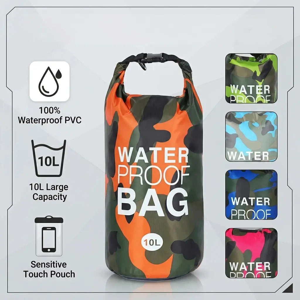 10L Camouflage Floating Waterproof Dry Bag with Roll-Top Closure & Touchscreen Phone Case, Unisex Boating Accessory for Kayaking, Adult-Fit Beach Essential, Fits Adults