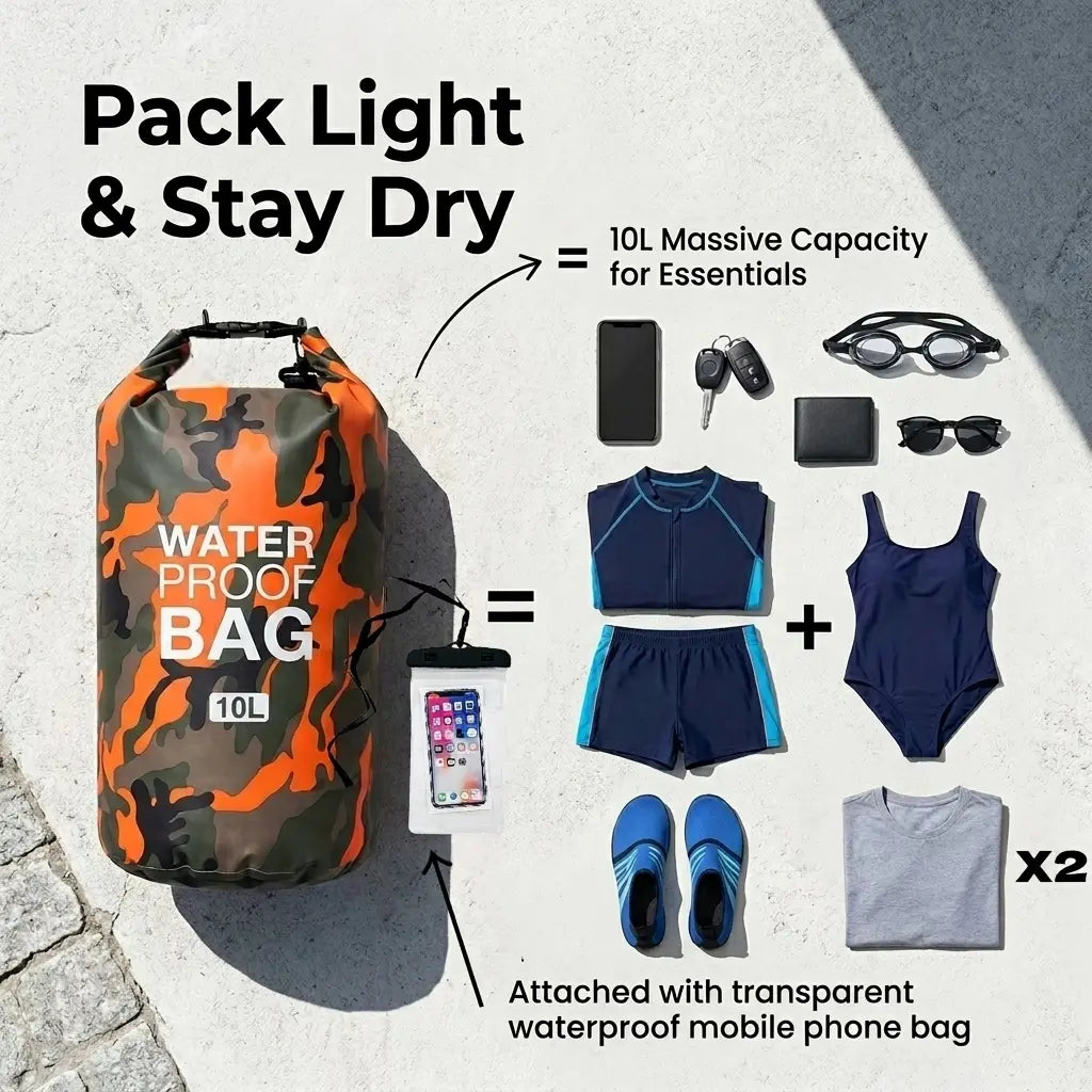 10L Camouflage Floating Waterproof Dry Bag with Roll-Top Closure & Touchscreen Phone Case, Unisex Boating Accessory for Kayaking, Adult-Fit Beach Essential, Fits Adults