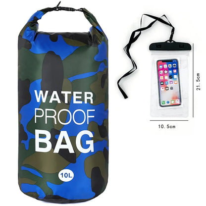 10L Camouflage Floating Waterproof Dry Bag with Roll-Top Closure & Touchscreen Phone Case, Unisex Boating Accessory for Kayaking, Adult-Fit Beach Essential, Fits Adults