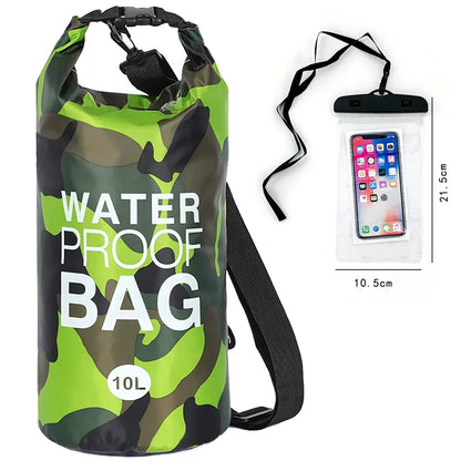 10L Camouflage Floating Waterproof Dry Bag with Roll-Top Closure & Touchscreen Phone Case, Unisex Boating Accessory for Kayaking, Adult-Fit Beach Essential, Fits Adults