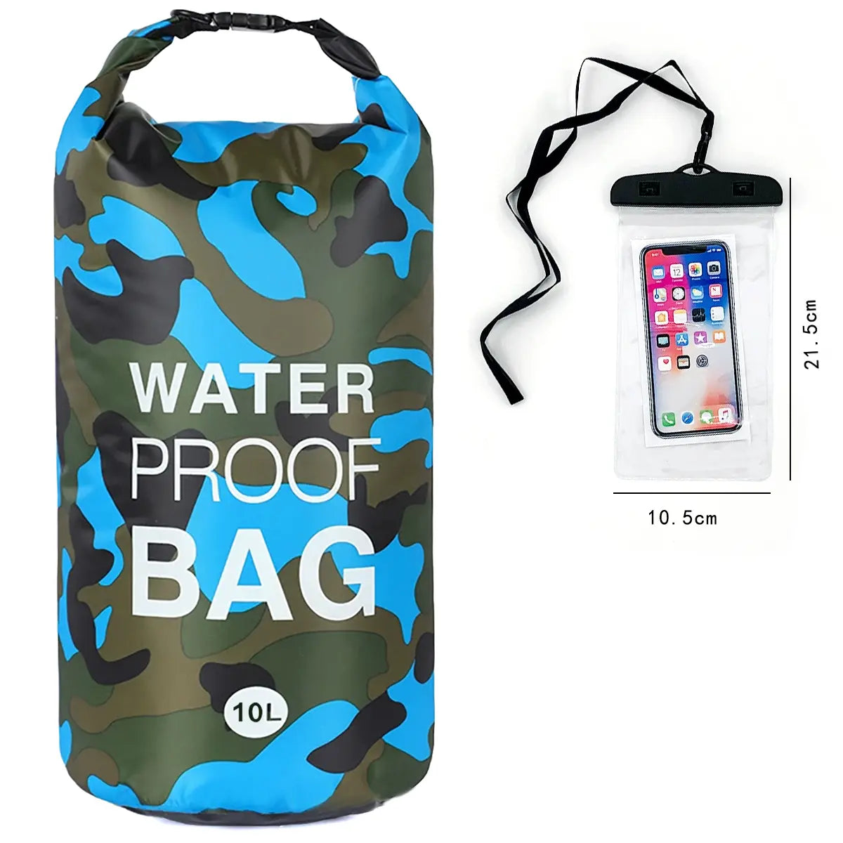 10L Camouflage Floating Waterproof Dry Bag with Roll-Top Closure & Touchscreen Phone Case, Unisex Boating Accessory for Kayaking, Adult-Fit Beach Essential, Fits Adults