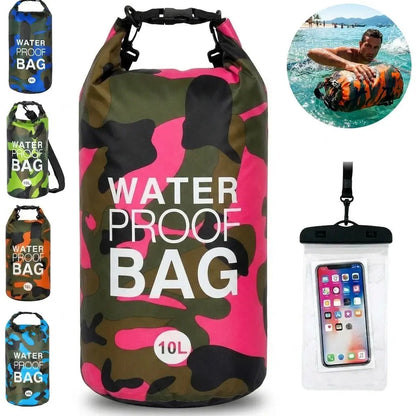 10L Camouflage Floating Waterproof Dry Bag with Roll-Top Closure & Touchscreen Phone Case, Unisex Boating Accessory for Kayaking, Adult-Fit Beach Essential, Fits Adults