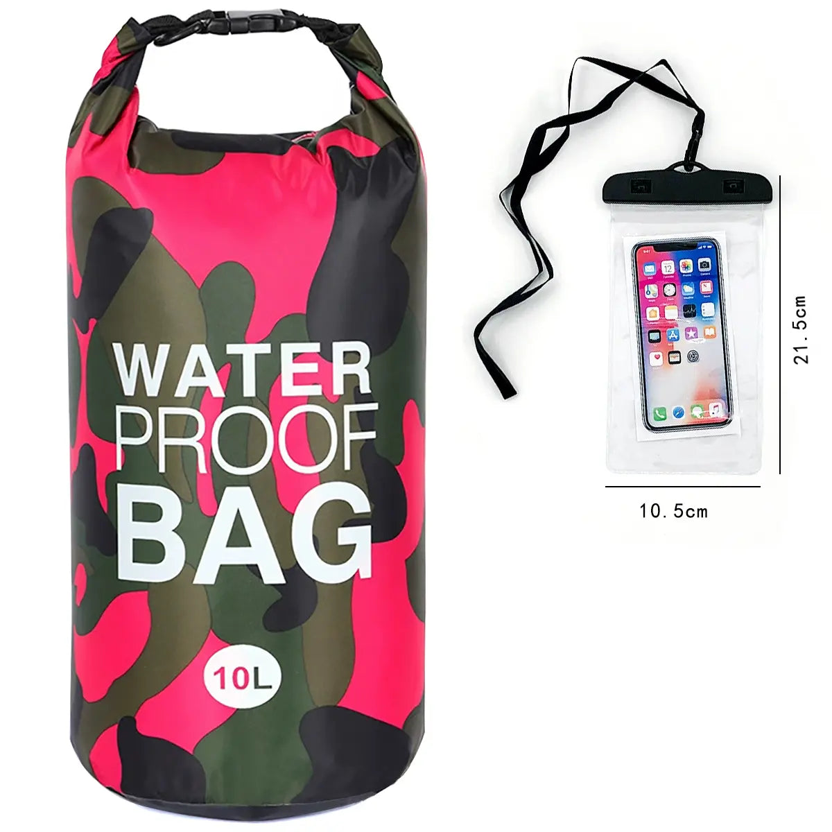 10L Camouflage Floating Waterproof Dry Bag with Roll-Top Closure & Touchscreen Phone Case, Unisex Boating Accessory for Kayaking, Adult-Fit Beach Essential, Fits Adults