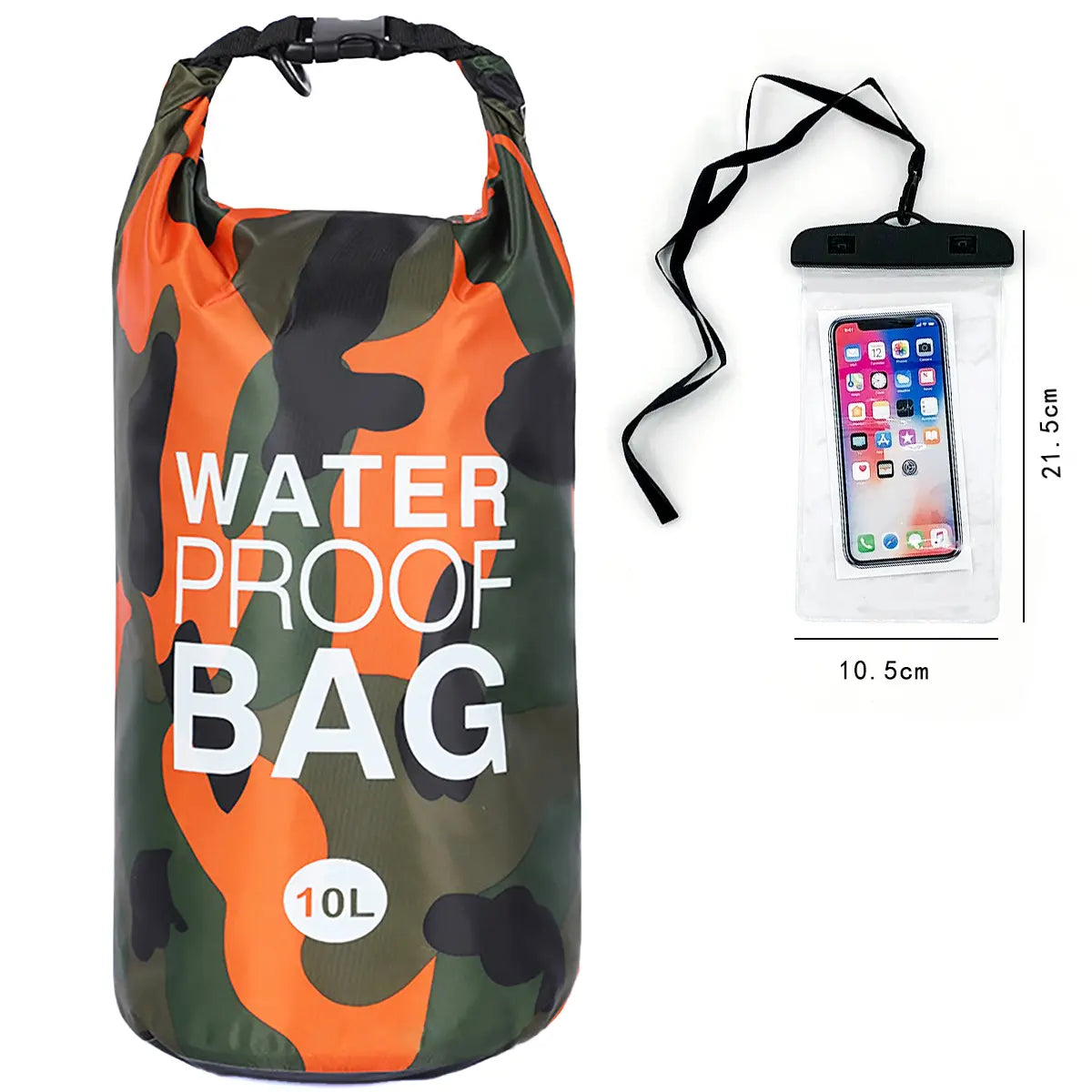 10L Camouflage Floating Waterproof Dry Bag with Roll-Top Closure & Touchscreen Phone Case, Unisex Boating Accessory for Kayaking, Adult-Fit Beach Essential, Fits Adults